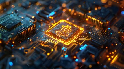 Bitcoin's fiery heart beats within the glowing circuits of a digital future, a dynamic display of vibrant orange and blue hues.