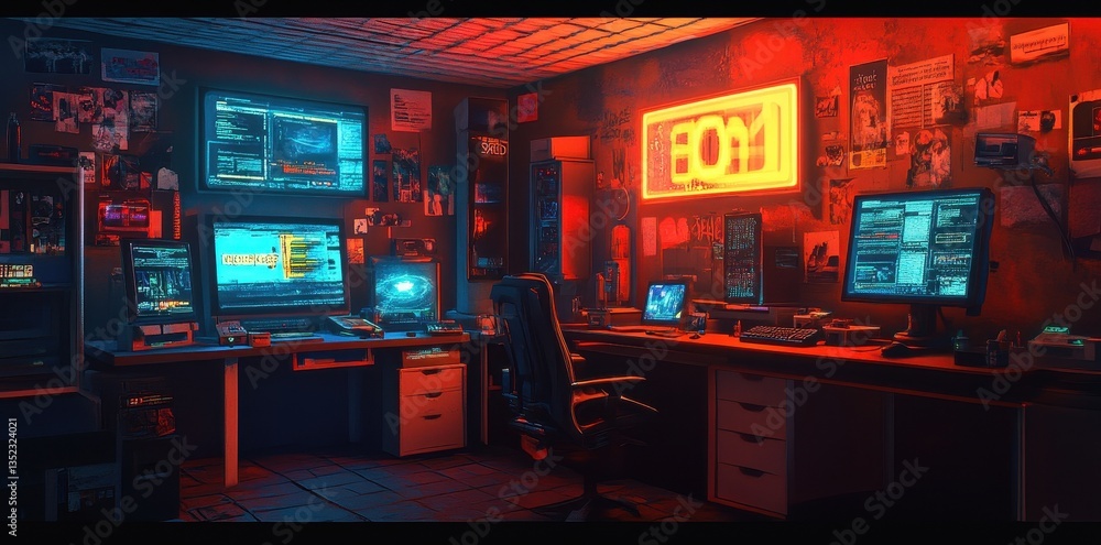 Poster a dimly lit room with multiple computer screens and desks