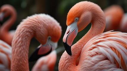 Fototapeta premium Group of vibrant pink flamingos with long necks, feathers, and dark beaks in a nature scene