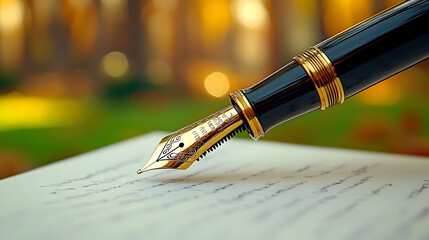 Naklejka premium Elegant Fountain Pen Writing on Paper With Vibrant Background Light