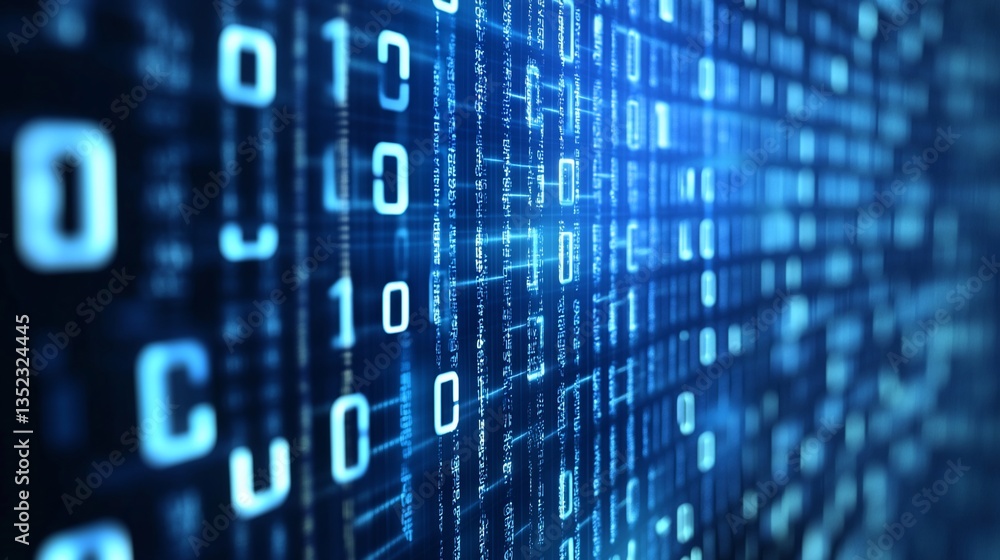 Poster digital data stream flowing on screen, background blur