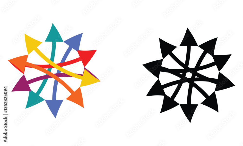Poster double headed curve long black arrows set. dual sided curved arrow icon. black red green blue arrow 