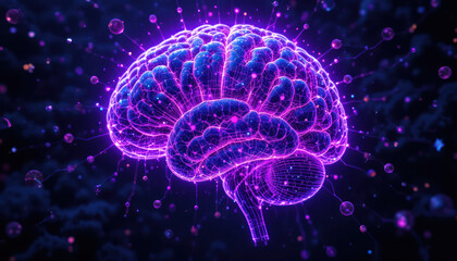 Glowing digital brain, cybernetic neural network, vibrant neon colors