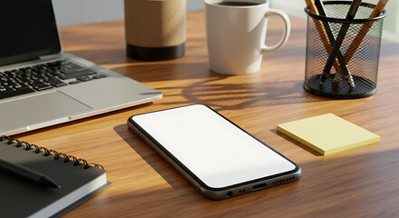 Smartphone Mockup on Desk.	A stylish smartphone mockup featuring a blank screen, perfect for showcasing mobile app designs, placed on an office desk.