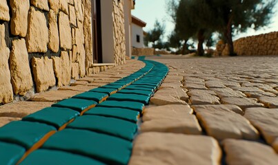 Obraz premium Vibrant Green Paint on Cobblestone Pathway Leading to Stone Building Surrounded by Olive Trees in a Serene Outdoor Setting