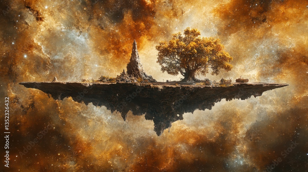 Poster a floating island with a tree and rock formation in space