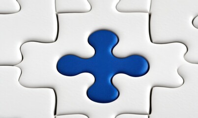 Single blue puzzle piece on a white jigsaw background representing problem-solving, creativity, and finding solutions in various contexts