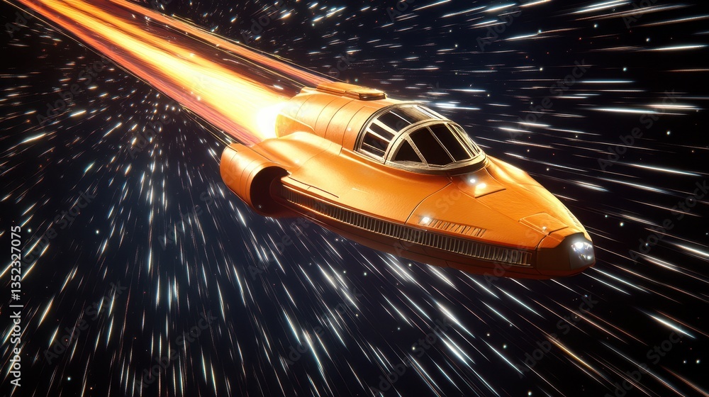 Poster an orange spacecraft speeding rapidly through outer space with motion