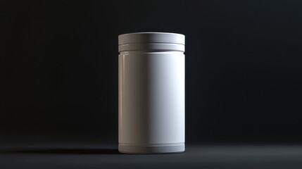 Minimalist cylindrical plastic jar, clean blank label, diffused lighting, soft professional glow.