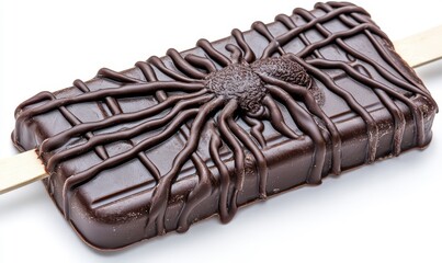 Obraz premium Delicious Chocolate Ice Cream Bar with Chocolate Drizzle and Wooden Stick on White Background Perfect for Dessert or Sweet Treat Promotions