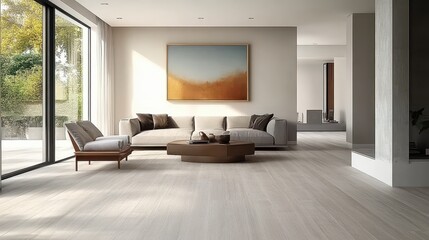 Modern minimalist living room with large windows
