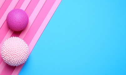 Colorful abstract background with pink and blue elements featuring two textured balls and vibrant stripes for playful and creative designs