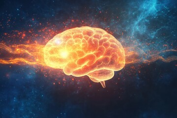 Fototapeta premium Human consciousness concept with glowing brain and expanding thought waves