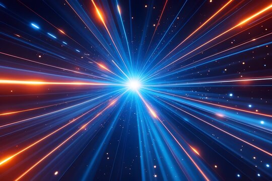 Abstract blue light speed background with laser rays and glowing flare in the center, motion blur effect, futuristic design concept for technology or science illustration