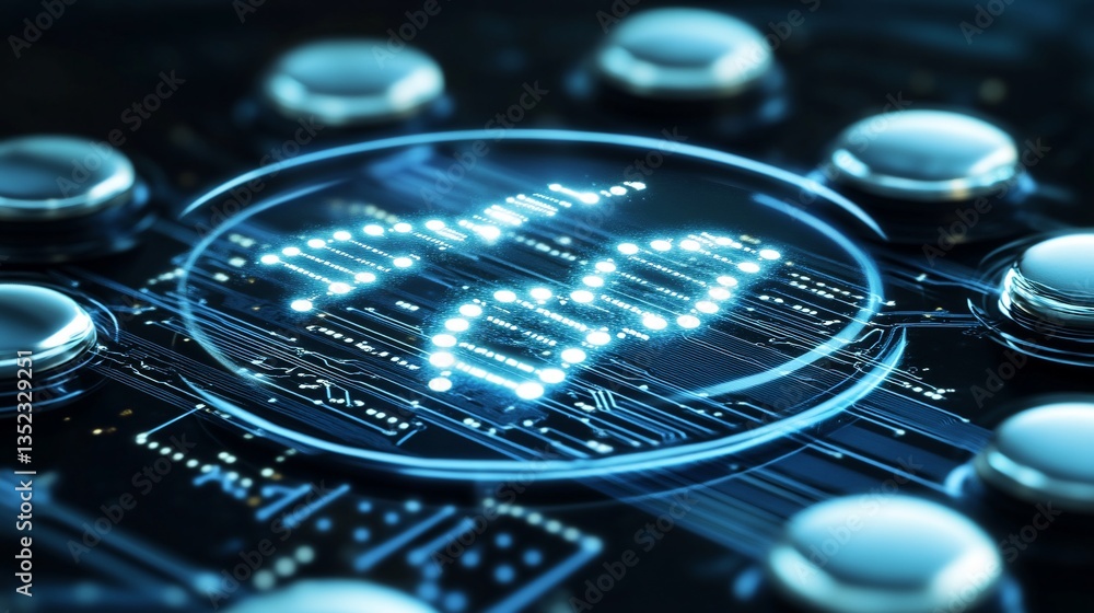 Poster glowing dna code on circuit board; tech background
