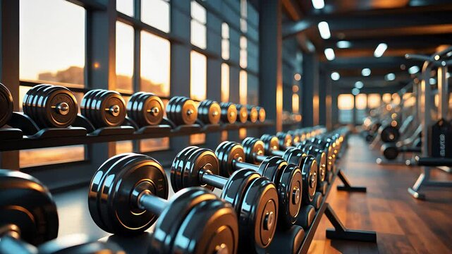 Rows of black dumbbells neatly arranged in a modern gym with large windows and wooden floors during sunset lighting

