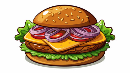a Suya Burger. pretzel bun, thin grilled sirloin suya steak slice, topped with american cheese, lettuce, fresh uncooked slice of onion, fresh uncooked tomato slice. Shot against a plain white backgrou