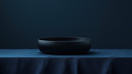 A black bowl rests upon a blue textured tablecloth background
