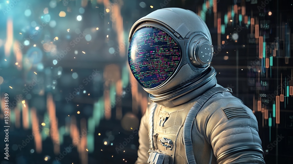 Poster astronaut helmet with colorful particles against dynamic stock market graphs