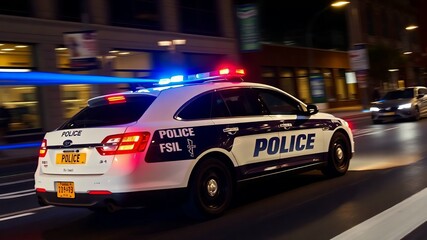 A modern police cruiser with flashing blue and red lights, speeding down a city street at night, conveying urgency and authority.