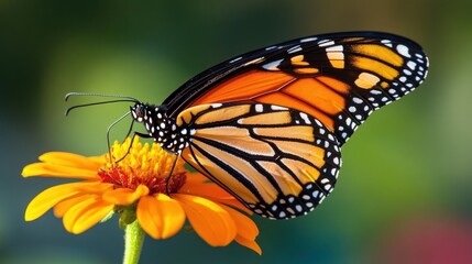 Fototapeta premium Monarch Butterfly on Zinnia: A Vibrant Display of Nature's Beauty