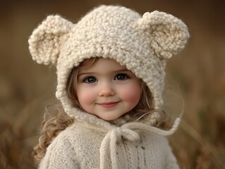 Child in Knitted Bear Ear Hood.
