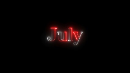 Glowing neon July month text background 4k illustration.