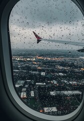 view from airplane window rain