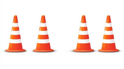 Four Orange and White Traffic Cones on a White Background