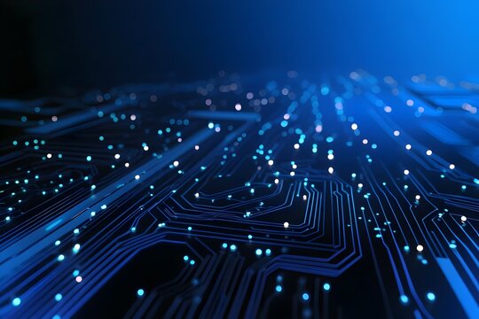 Abstract digital circuit board on blue tech background. Circuit connected lines and dots on motherboard. Dark tech gradient bg