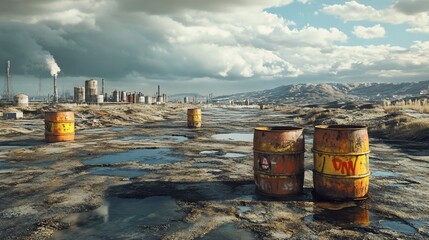 Post-Apocalyptic Industrial Wasteland with Toxic Waste Barrels and Factory Scenery