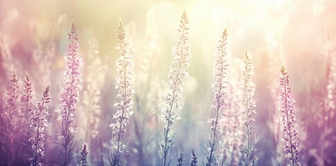 Fototapeta premium Tall purple wildflowers glowing softly in a bright natural landscape setting