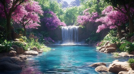 Naklejka premium Lush waterfall cascading into a pristine blue pool, surrounded by vibrant nature