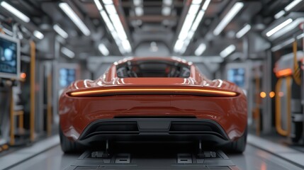 Obraz premium Supercar in a hightech maintenance bay, surrounded by digital displays showing realtime diagnostics and repair progress