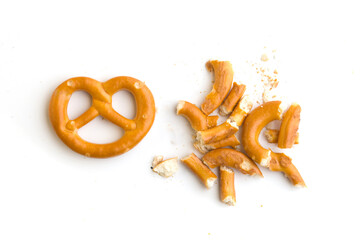 pretzel crumbs on white background