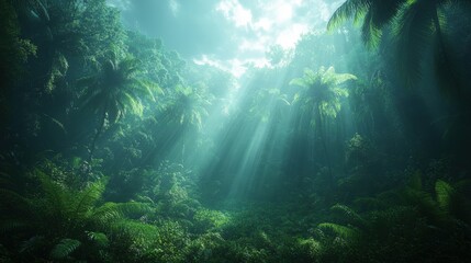 Enchanting sunbeams pierce a lush, vibrant rainforest canopy, illuminating a mystical jungle path.
