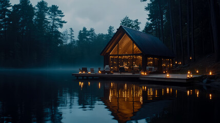 Fototapeta premium Lakeside Retreat: A Tranquil Cabin Escape on Still Waters, Illuminated by Warm Lanterns at Dusk