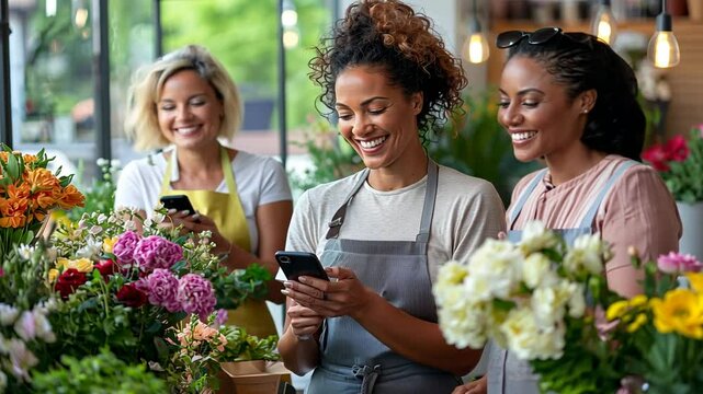 A vibrant flower shop showcasing teamwork and creativity