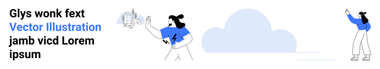 Woman discussing with gestures, holding a laptop near cloud backdrop. Ideal for teamwork, connectivity, cloud technology, business efficiency, online collaboration, modern workforce, simple landing
