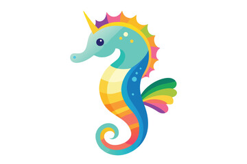 Fototapeta premium Rainbow Seahorse with Unicorn Horn, Colorful Sea Creature Isolated on White Background