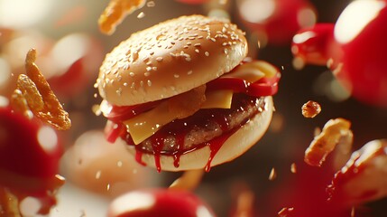 Burger and Fries: A mouthwatering composition of a perfectly crafted burger, complete with a sesame seed bun, juicy patty, cheese, and tomato.