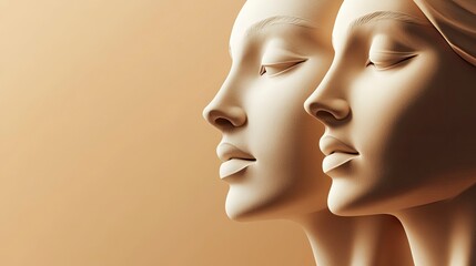 Elegant Human Faces with Closed Eyes in a Serene Creamy Background