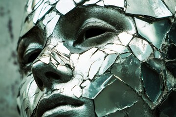 Fragmented mirror face with directional lighting and negative space