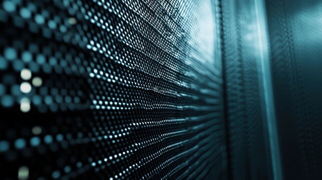 a server room with a blue light shining through it 
