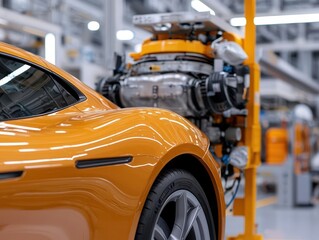 Obraz premium Supercar undergoing a comprehensive check in a futuristic garage, with engineers inspecting the fuel system and engine