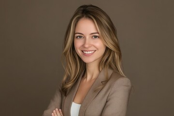 Obraz premium Portrait of a smiling woman with long blonde hair wearing a brown blazer on a neutral background