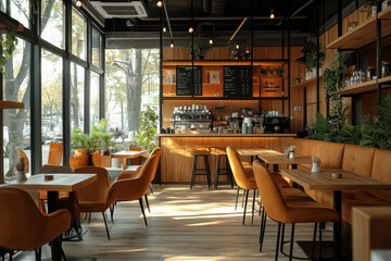 Restaurant with wooden tables & chairs. Warm lighting highlights cozy atmosphere, creating inviting dining space for guests to enjoy meals together.