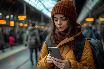 Urban Commute: A woman is looking at her phone, engrossed in a digital world, possibly waiting for her train. The station is bustling with people. She's focused, dressed for the weather.
