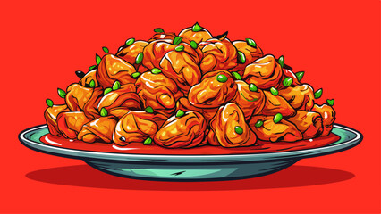 A large platter overflowing with chicken bites. A clean red background, Very presentable. Dynamic, ultra HD commercial aesthetic, super realistic, product