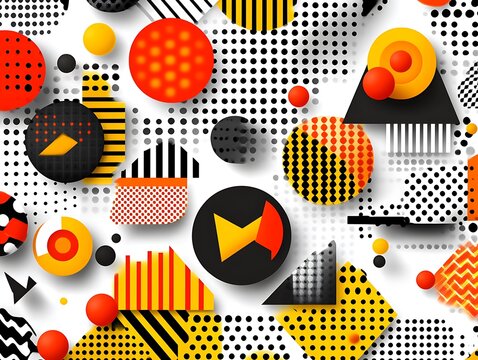 Colorful geometric abstract shapes and patterns arranged on white surface